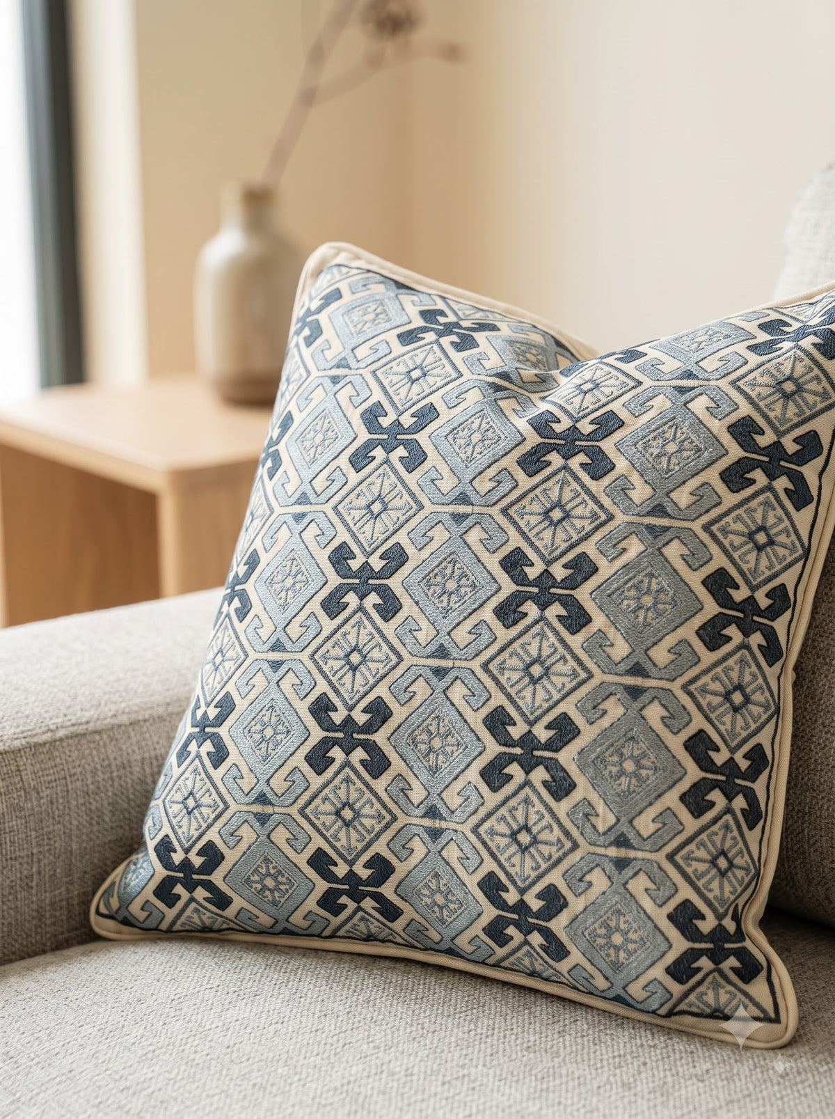 Grey Cotton Geometric Embroidered Decorative Cushion Cover