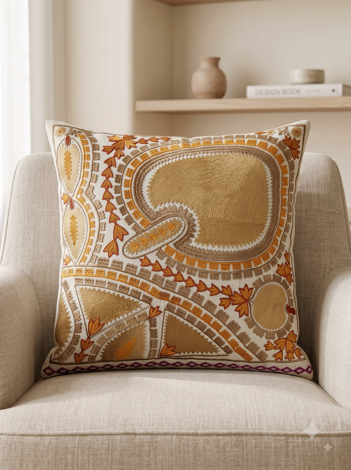 Mustard Geometric Cotton Bohemian Hand-Embroidered Square Cushion Cover
