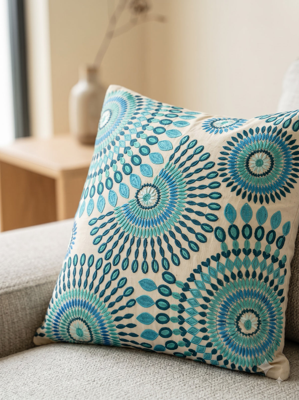 Blue Hand-Embroidered Cotton Bohemian Square Cushion Cover