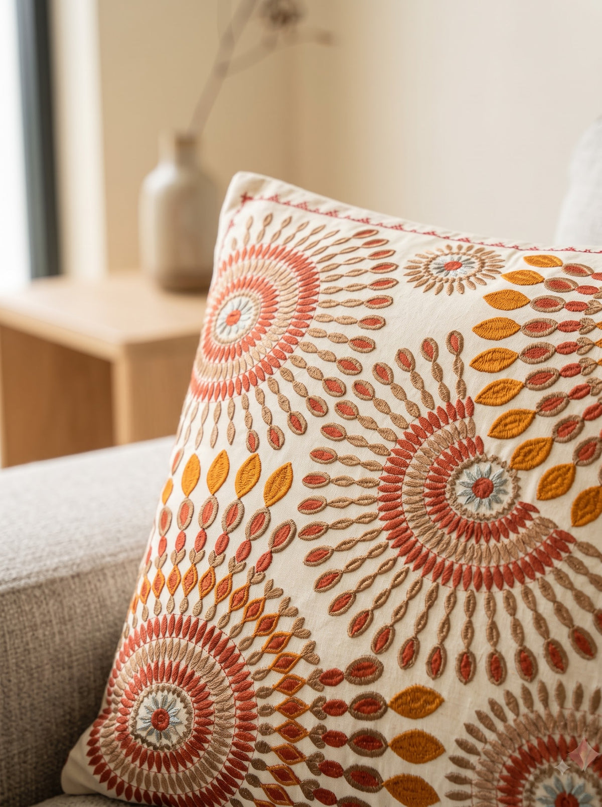 Orange Pure Cotton Floral Sunburst Embroidered Decorative Cushion Cover
