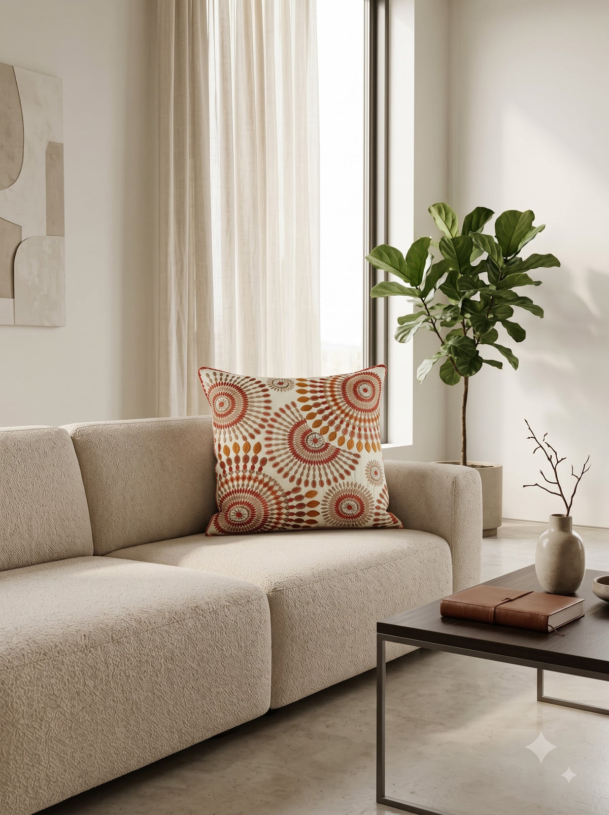 Orange Pure Cotton Floral Sunburst Embroidered Decorative Cushion Cover