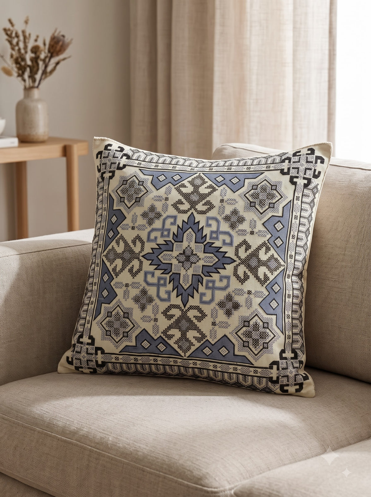 Grey Pure Cotton Tribal Geometric Embroidered Decorative Cushion Cover