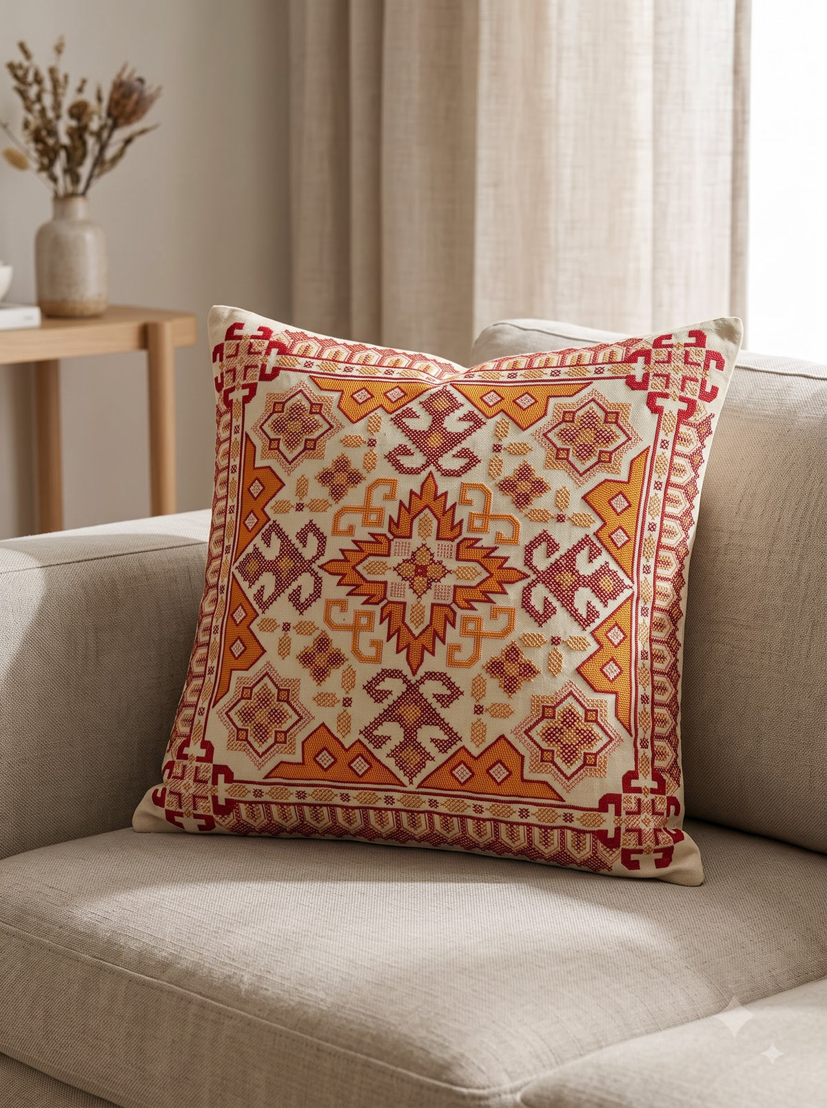 Orange Pure Cotton Vibrant Tribal Geometric Embroidered Decorative Cushion Cover