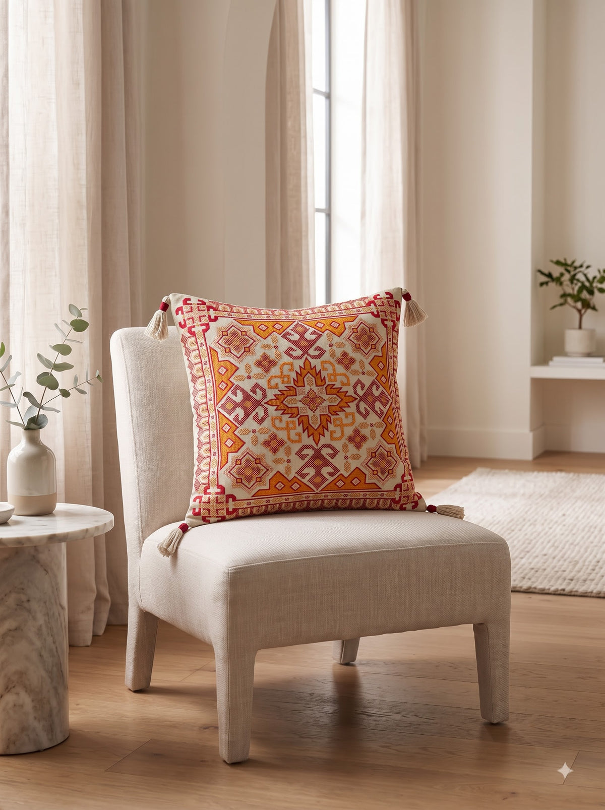 Orange Pure Cotton Vibrant Tribal Geometric Embroidered Decorative Cushion Cover