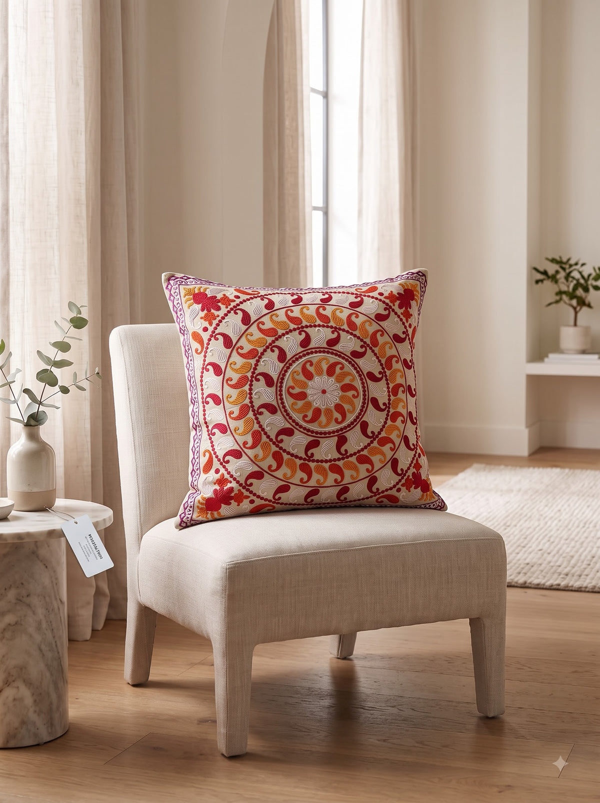Multicolor Pure Cotton Paisley Mandala Embroidered Decorative Cushion Cover