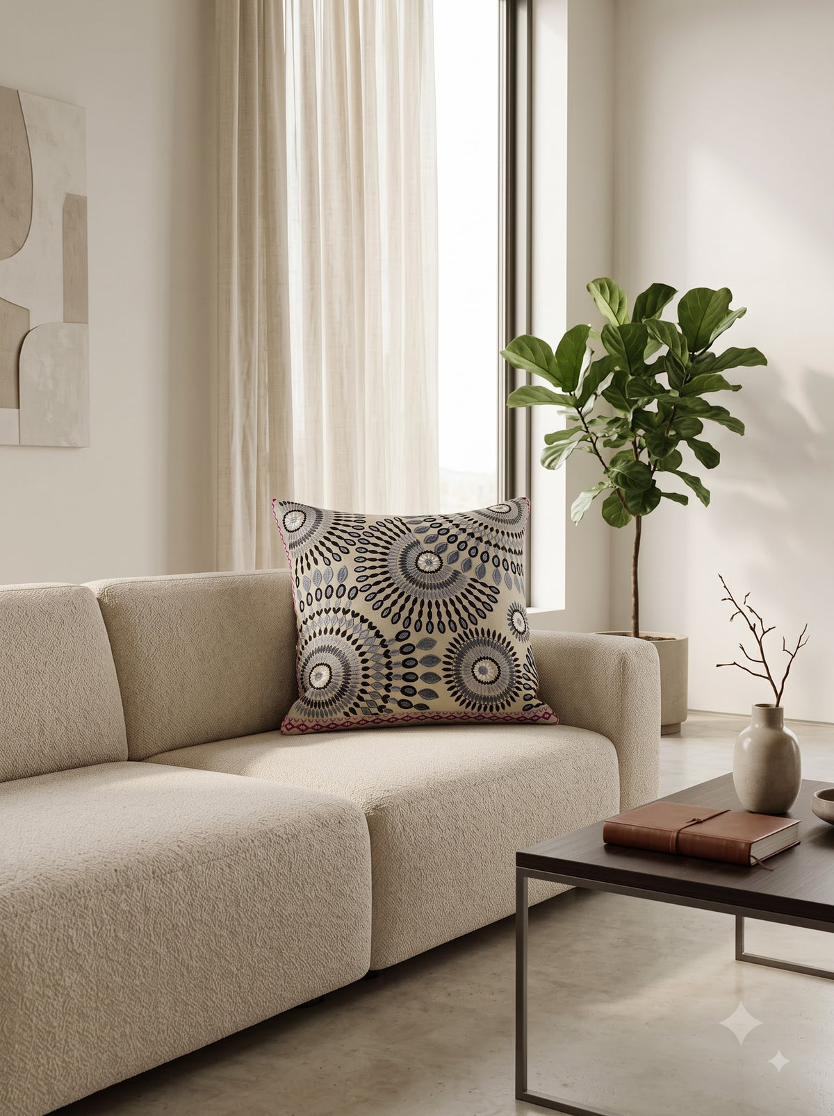 Grey Cotton Floral Sunburst Embroidered Decorative Cushion Cover