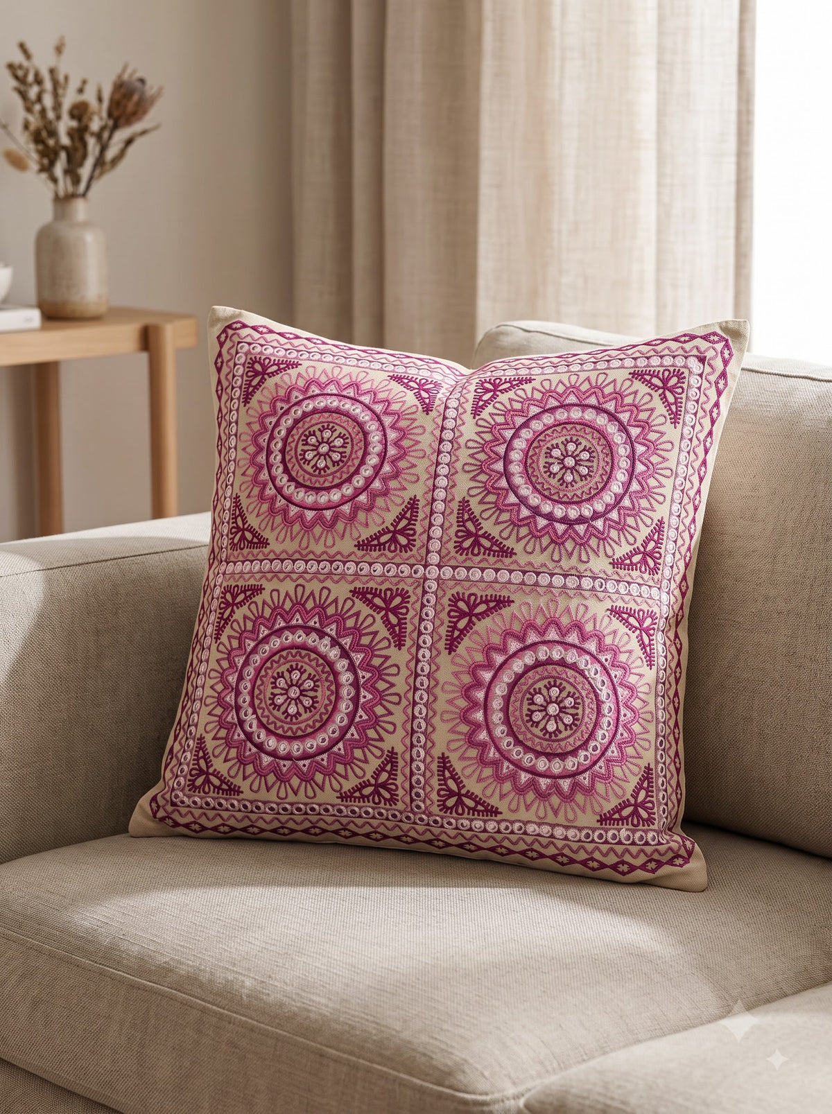 Pink Pure Cotton Mandala Tile Embroidered Decorative Cushion Cover