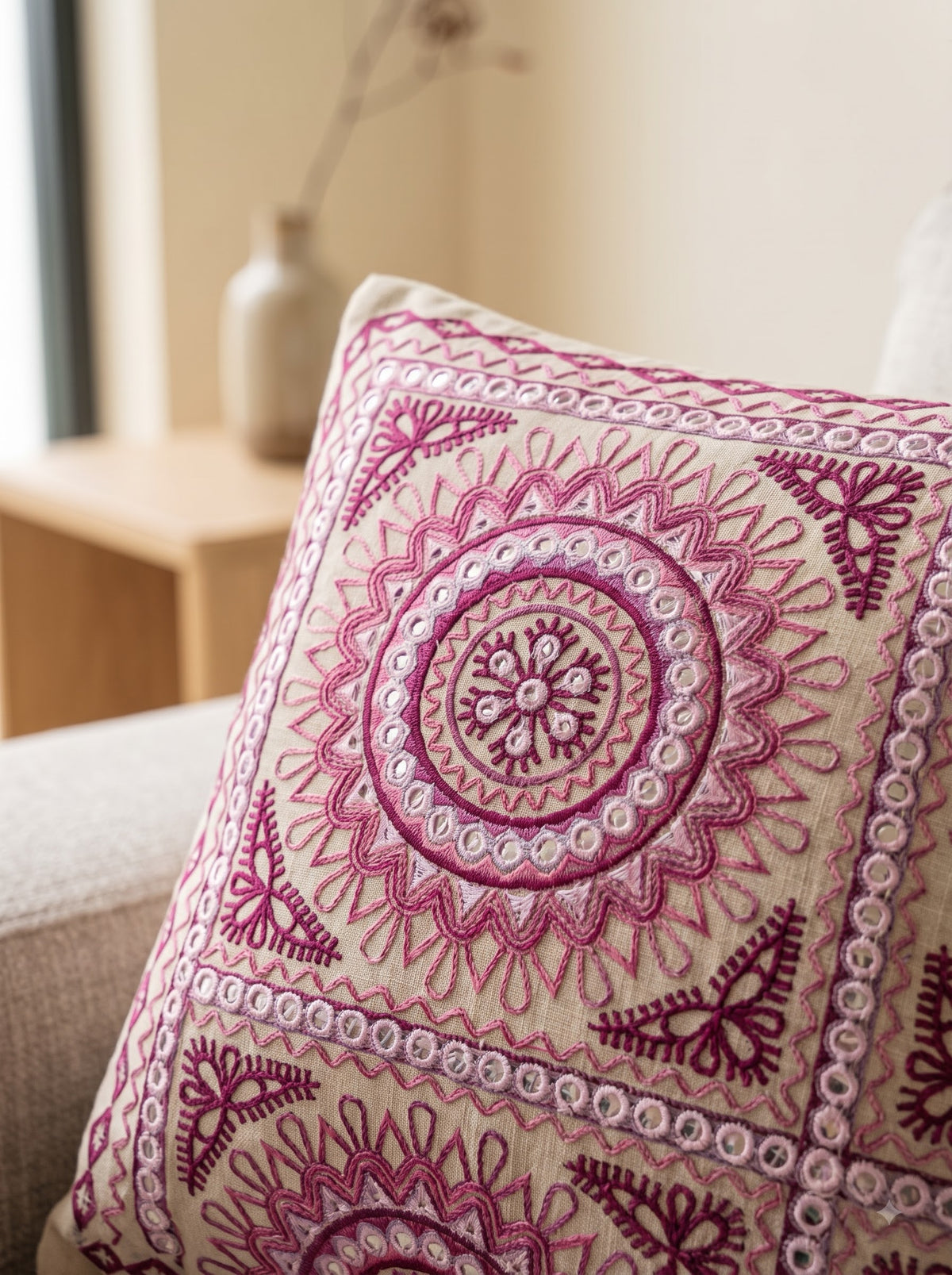 Pink Pure Cotton Mandala Tile Embroidered Decorative Cushion Cover