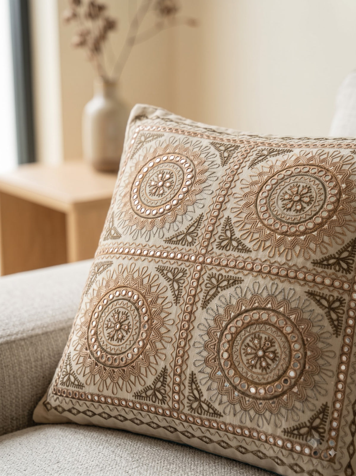 Beige Cotton Mandala Tile Mirror Work Embroidered Decorative Cushion Cover