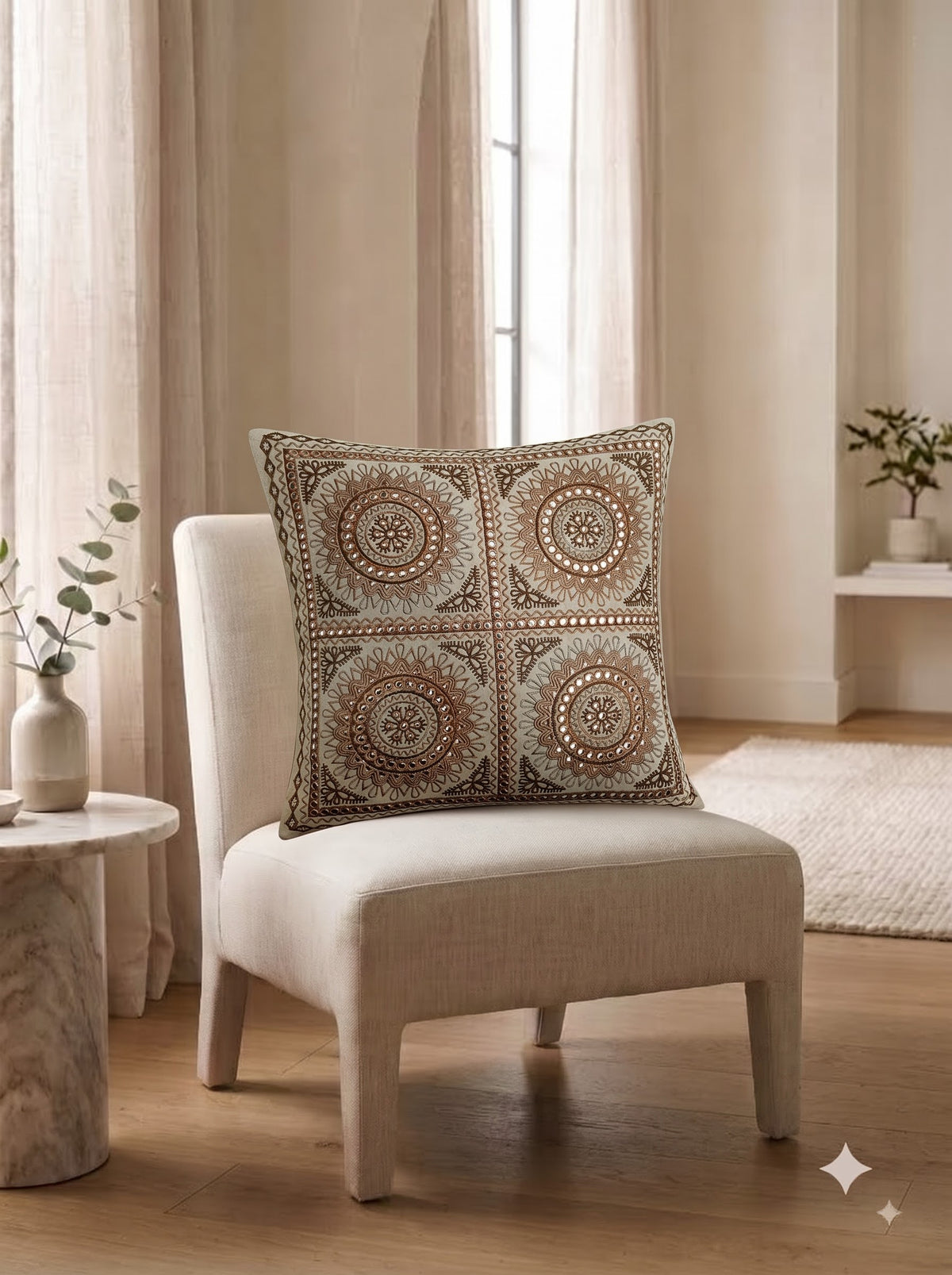 Beige Cotton Mandala Tile Mirror Work Embroidered Decorative Cushion Cover