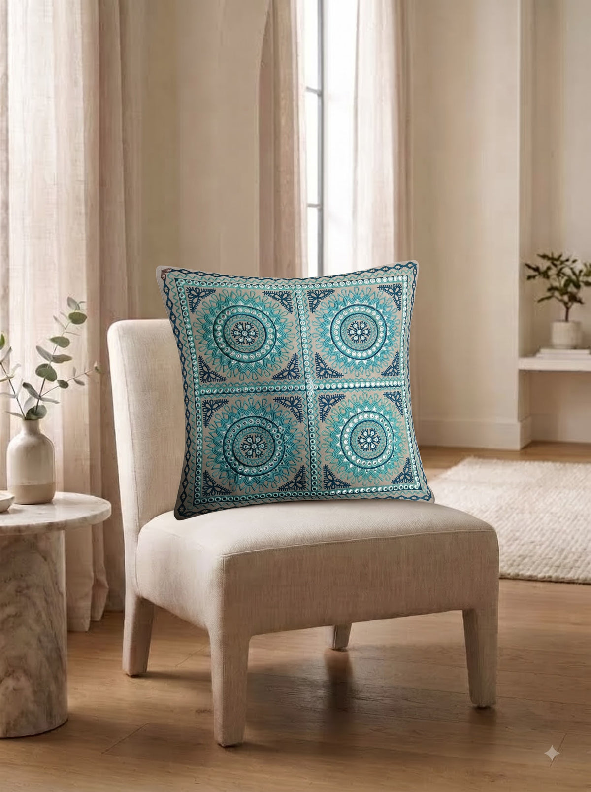 Blue Cotton Mandala Tile Mirror Work Embroidered Decorative Cushion Cover