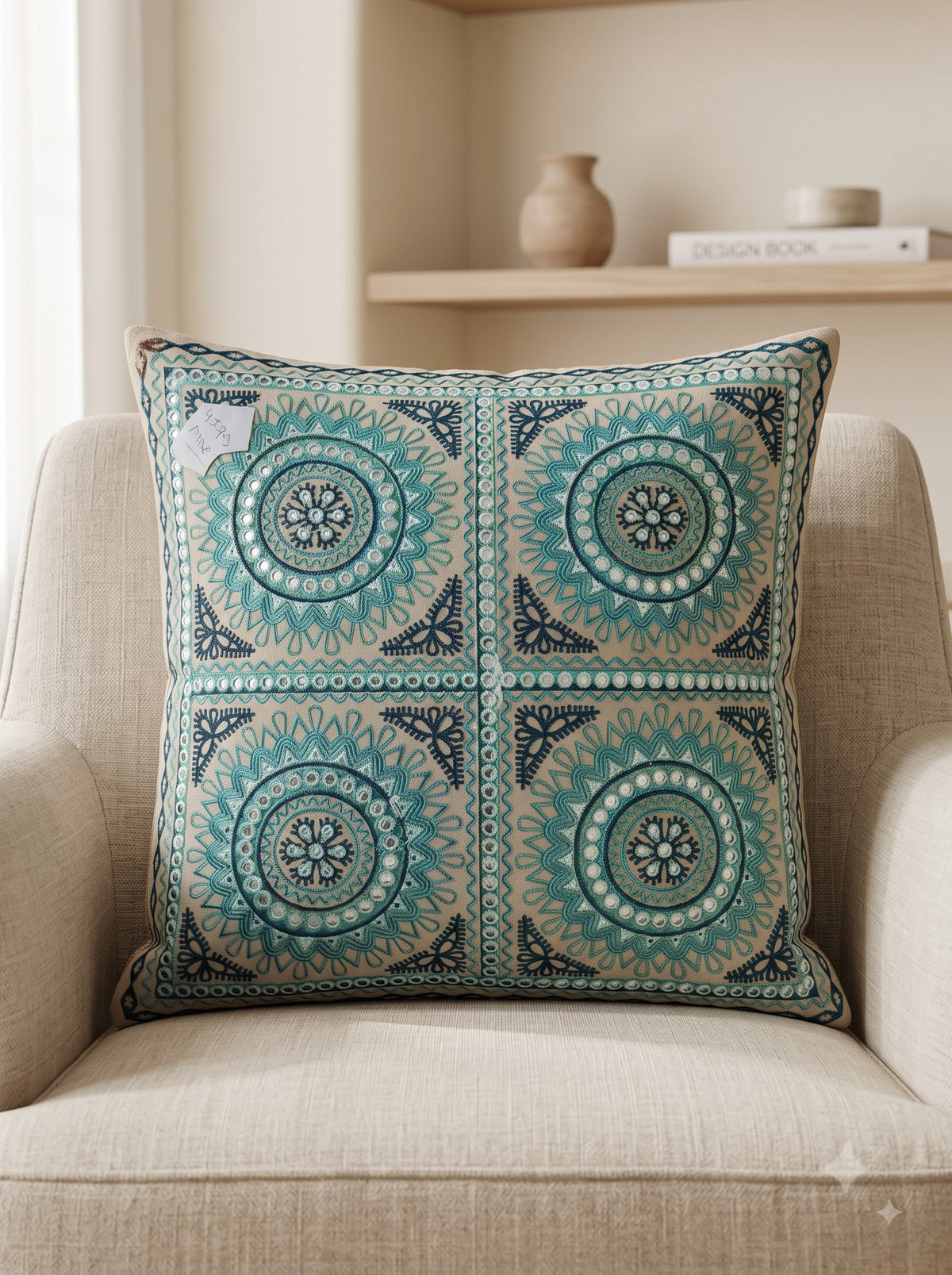 Blue Cotton Mandala Tile Mirror Work Embroidered Decorative Cushion Cover