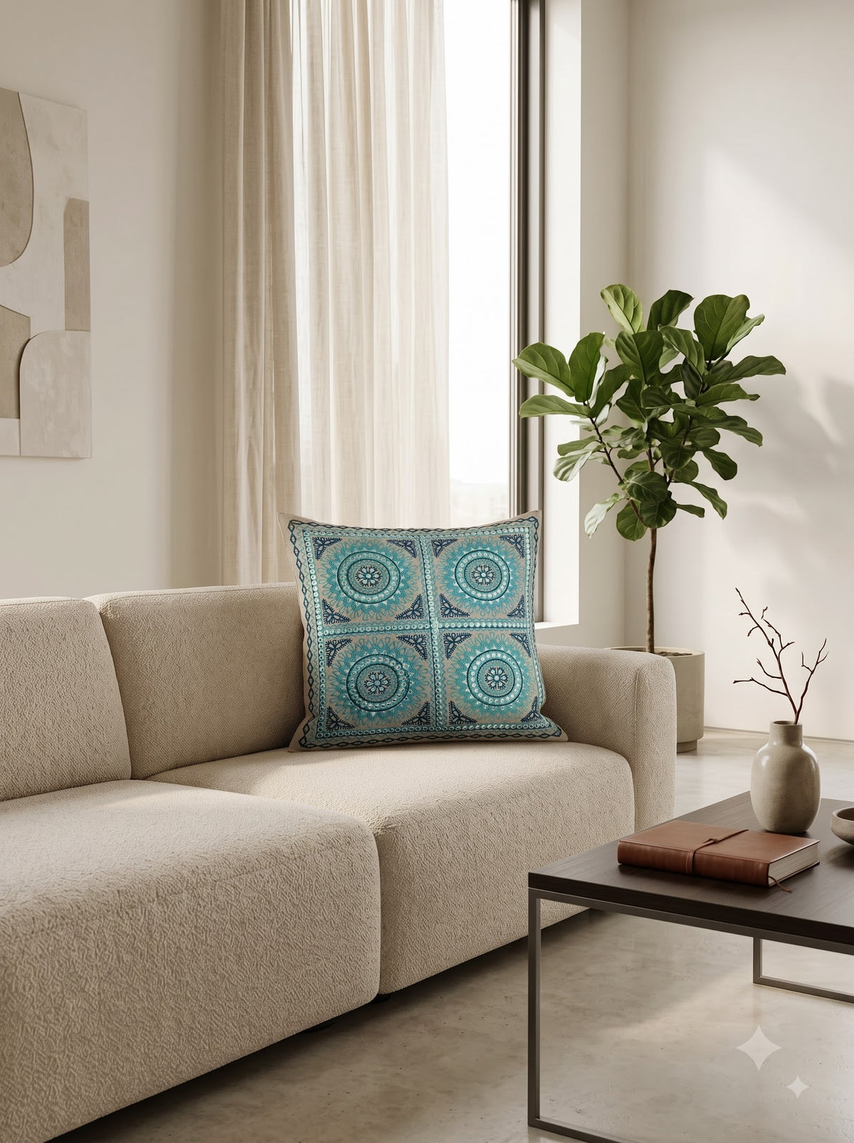 Blue Cotton Mandala Tile Mirror Work Embroidered Decorative Cushion Cover