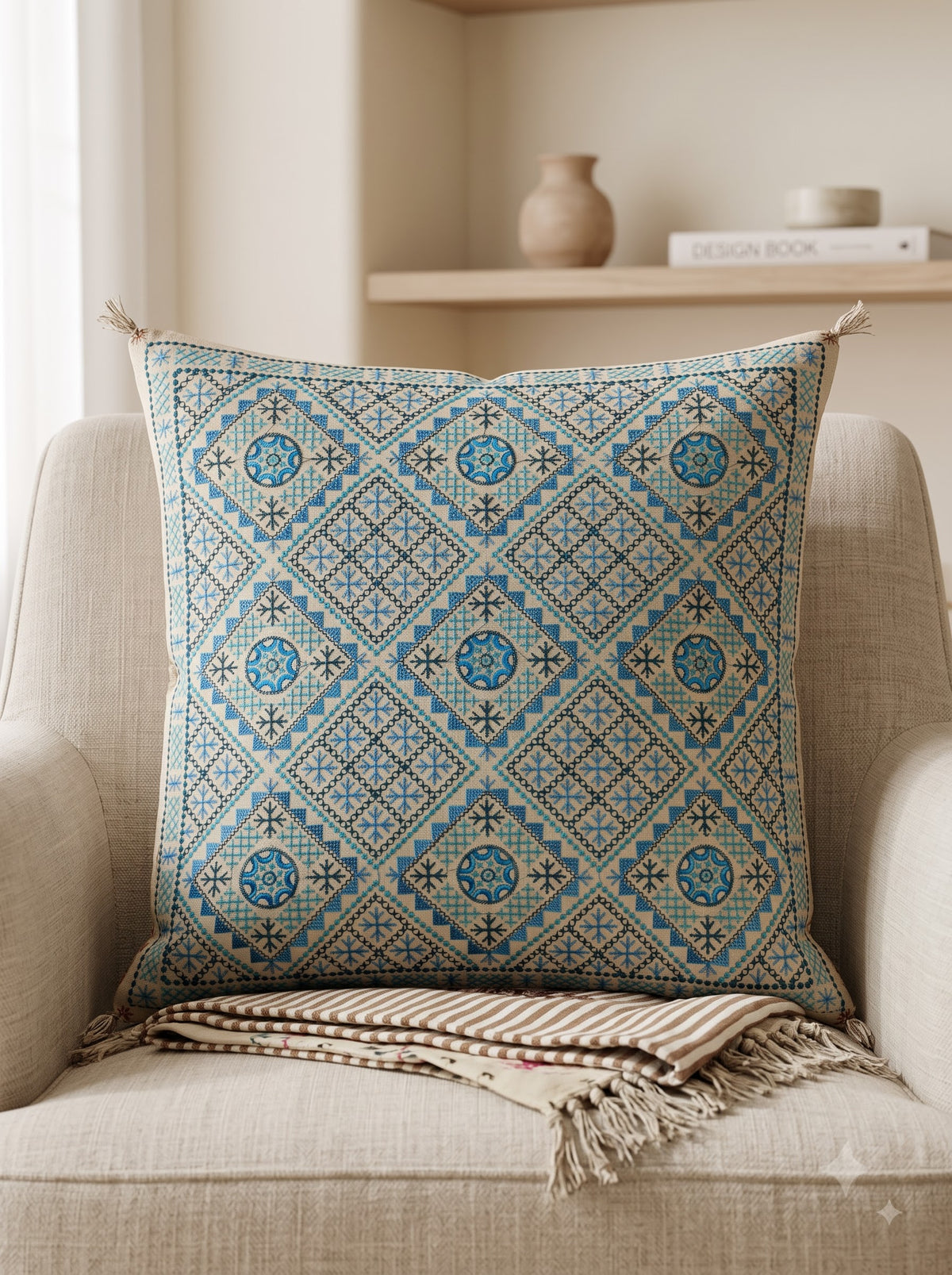 Blue Cotton Tribal Geometric Embroidered Decorative Cushion Cover