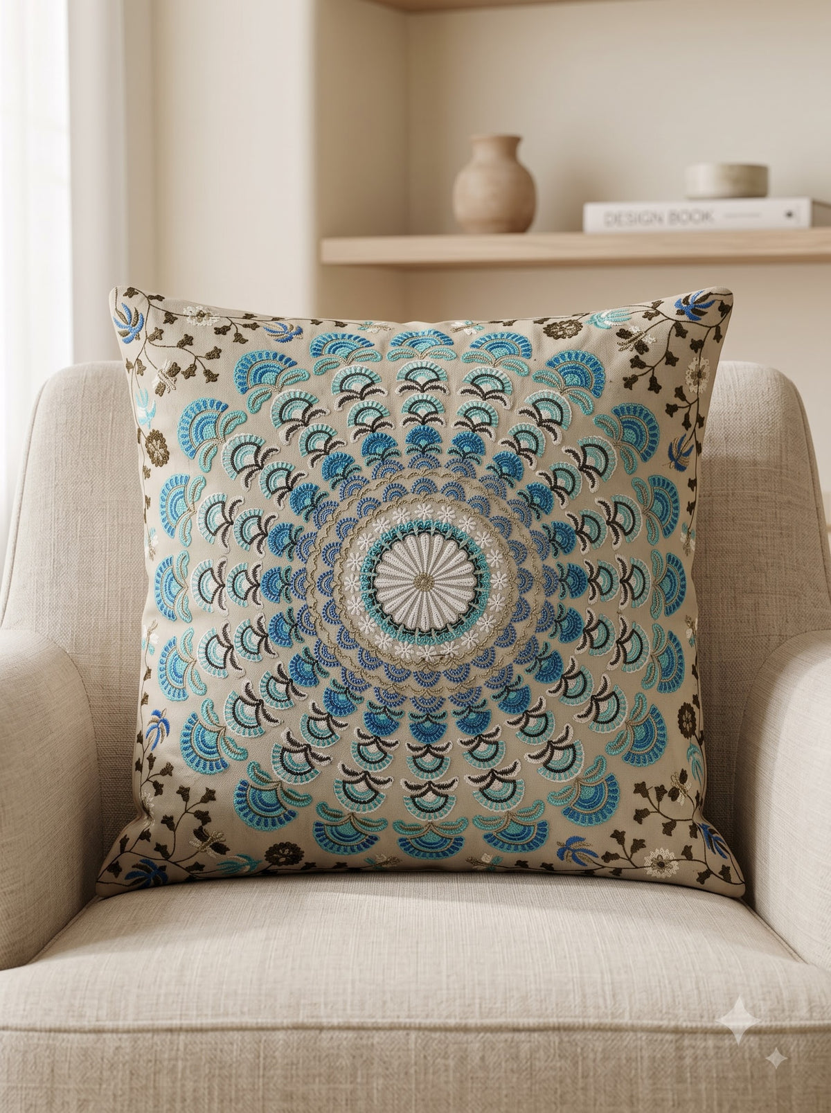 Blue Cotton Scalloped Mandala Floral Embroidered Decorative Cushion Cover