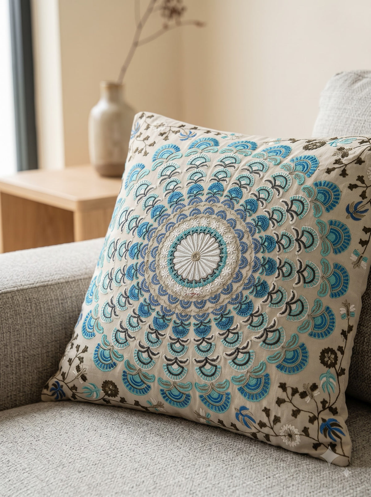 Blue Cotton Scalloped Mandala Floral Embroidered Decorative Cushion Cover