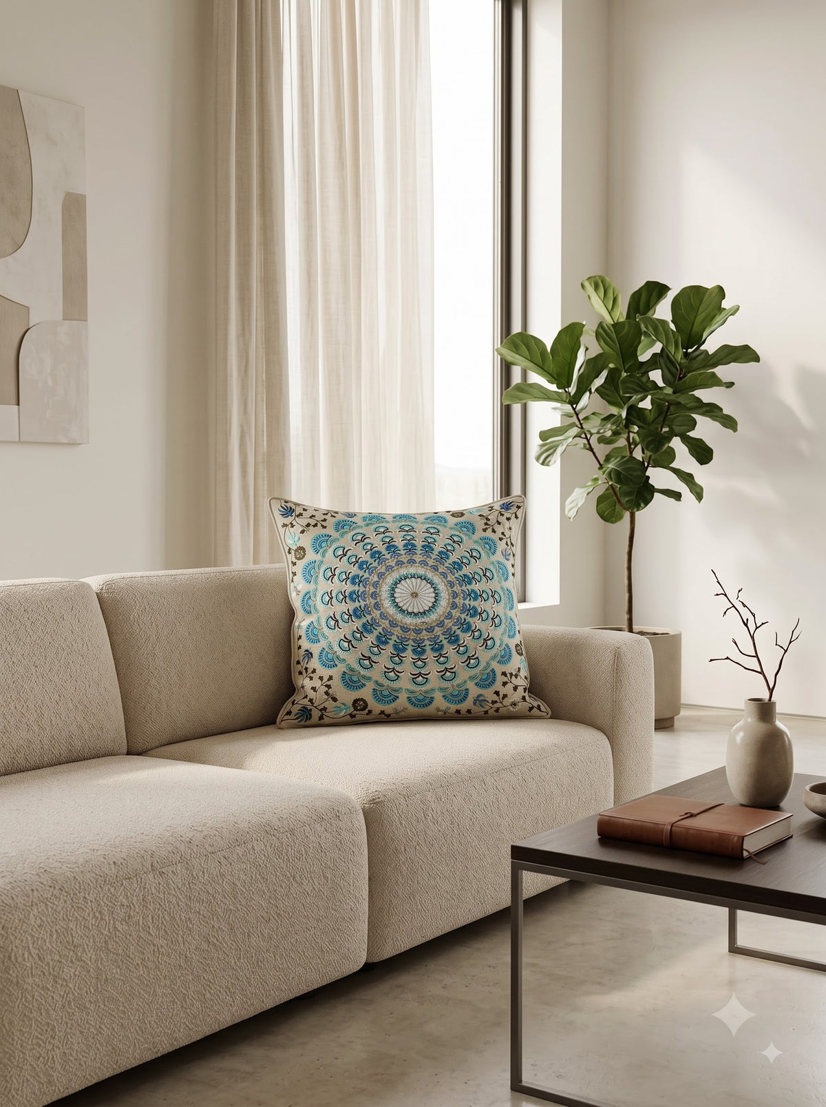 Blue Cotton Scalloped Mandala Floral Embroidered Decorative Cushion Cover