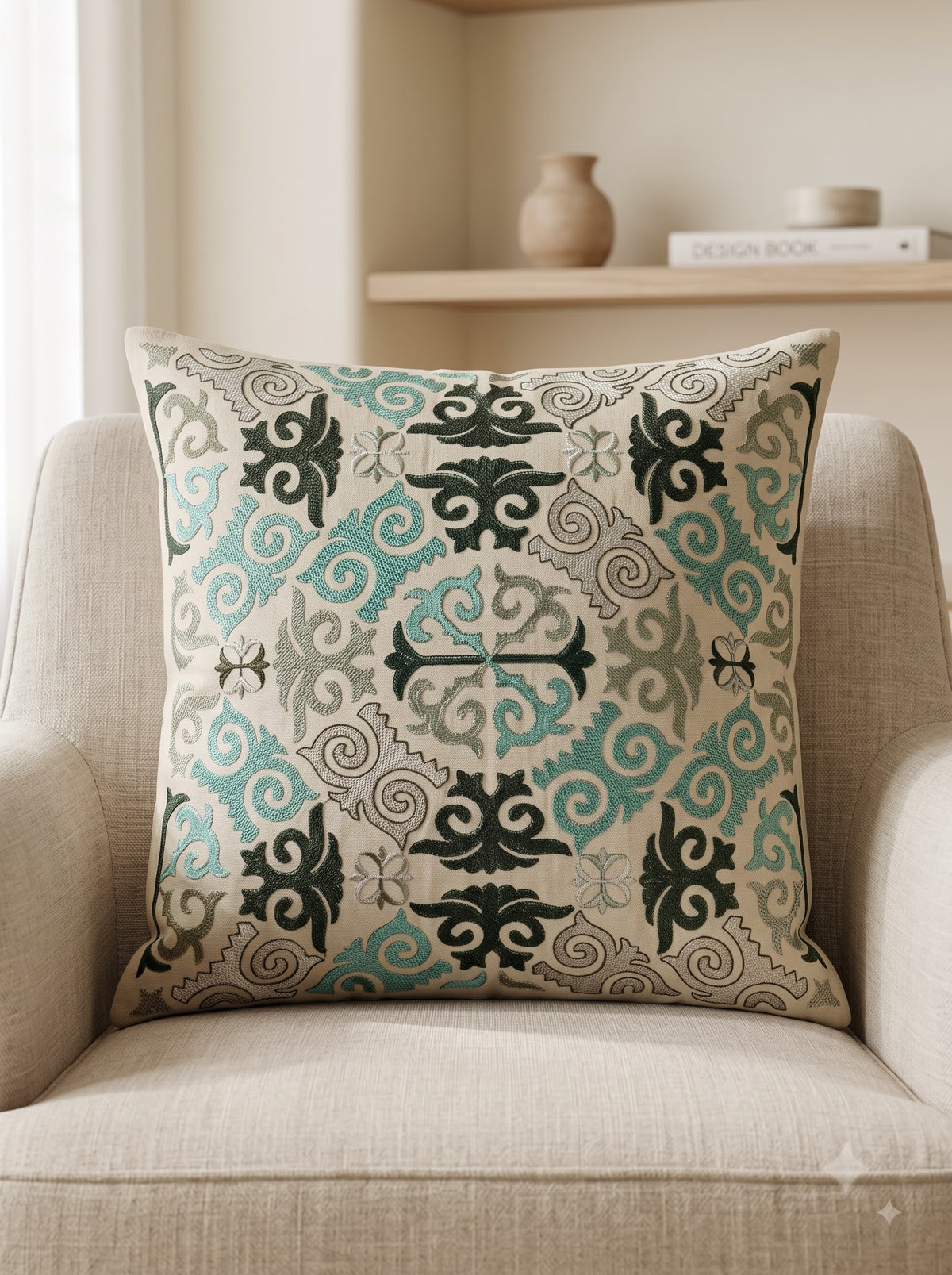 Multicolor Cotton Damask Medallion Embroidered Decorative Cushion Cover