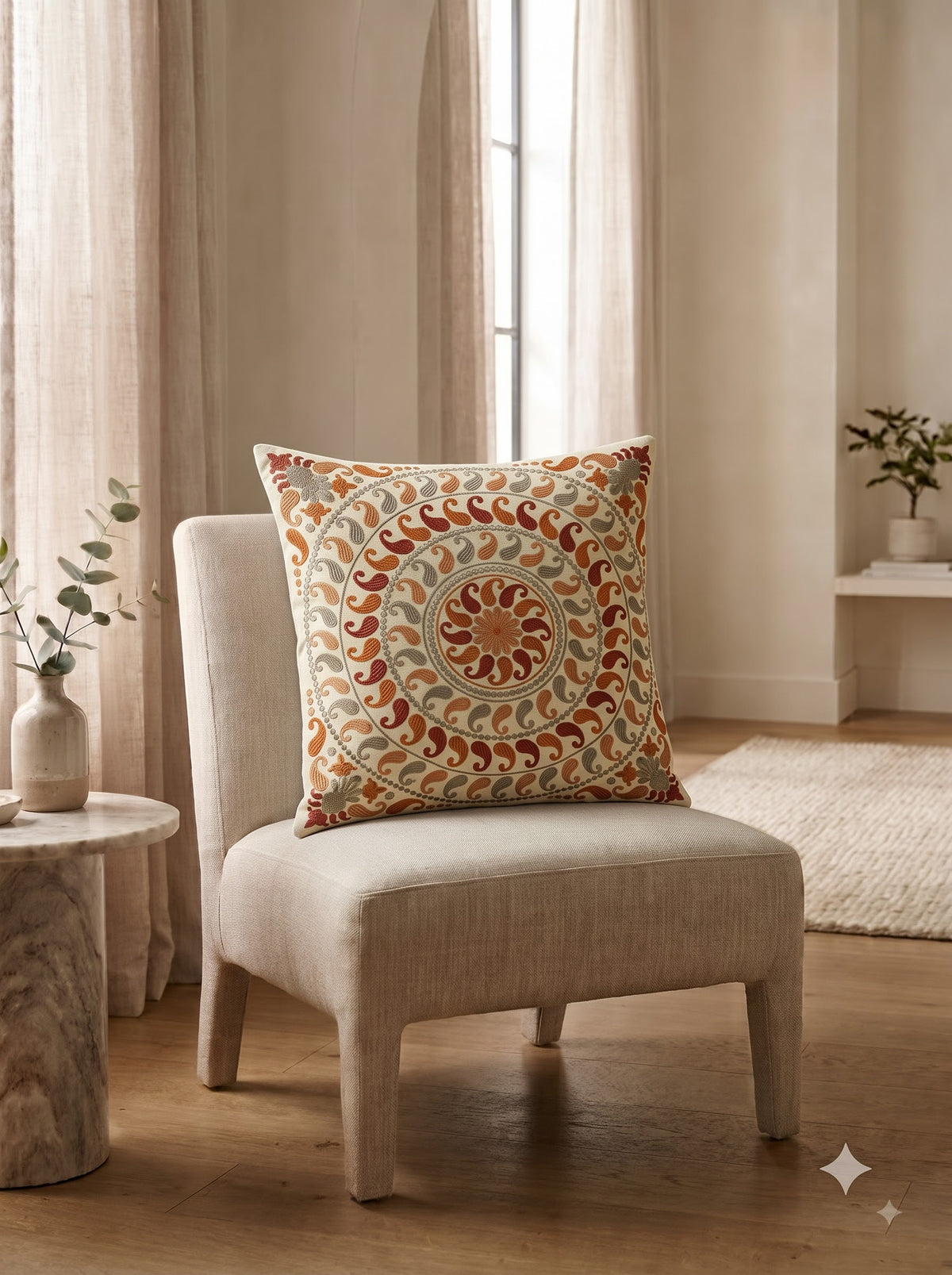 Orange Multi Cotton Paisley Mandala Embroidered Decorative Cushion Cover