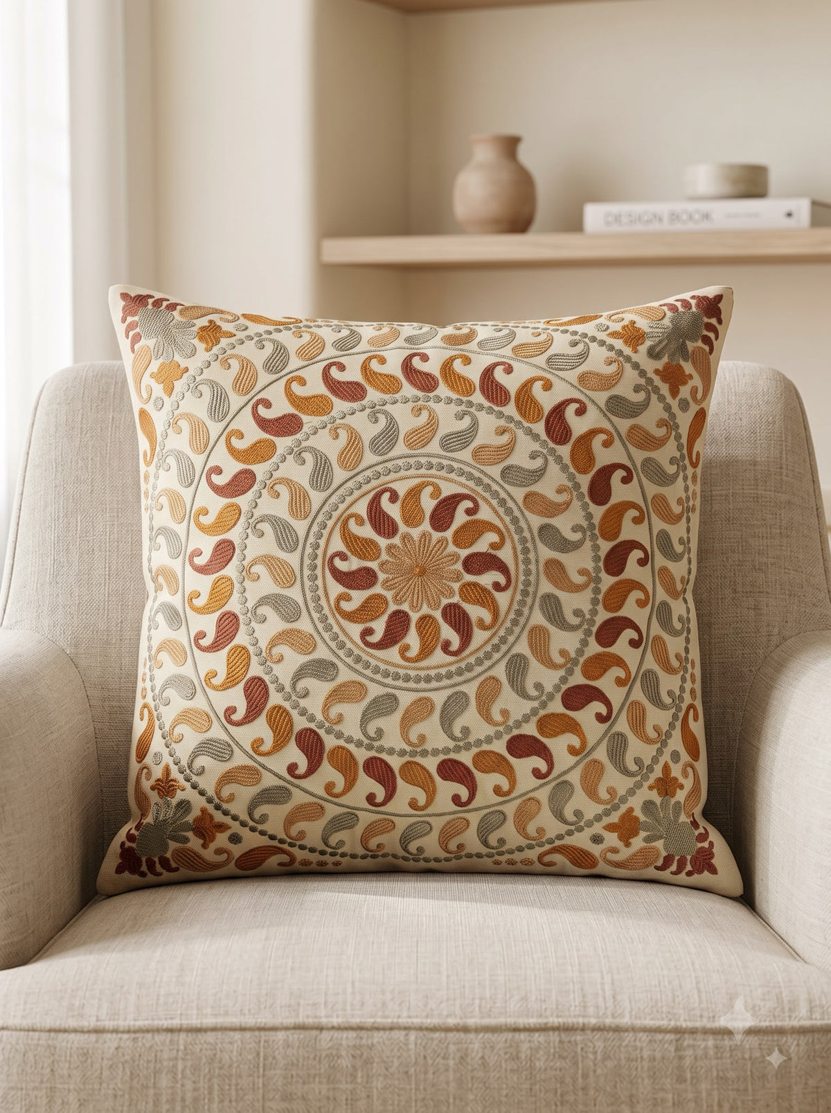 Orange Multi Cotton Paisley Mandala Embroidered Decorative Cushion Cover