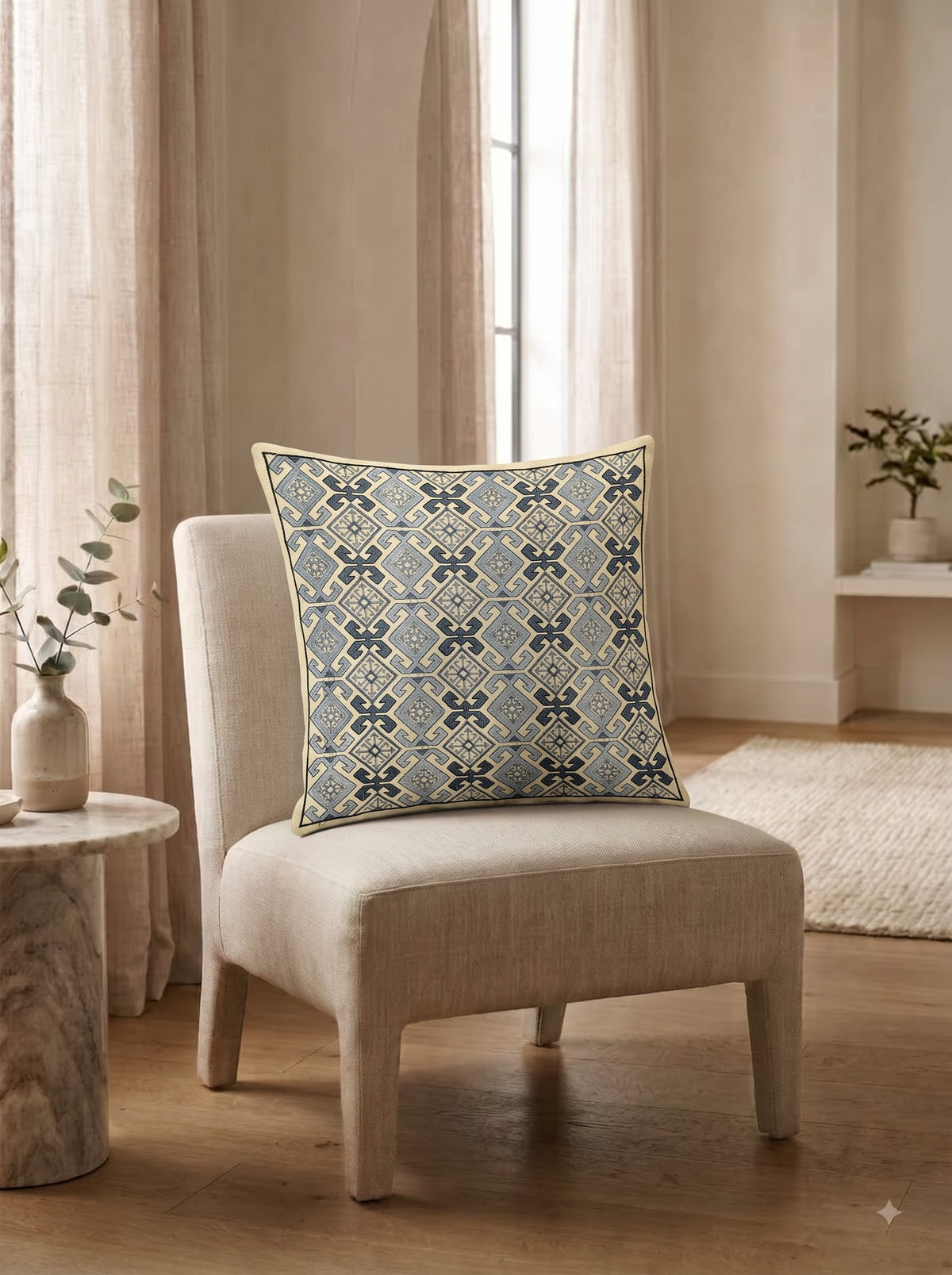 Grey Cotton Geometric Embroidered Decorative Cushion Cover