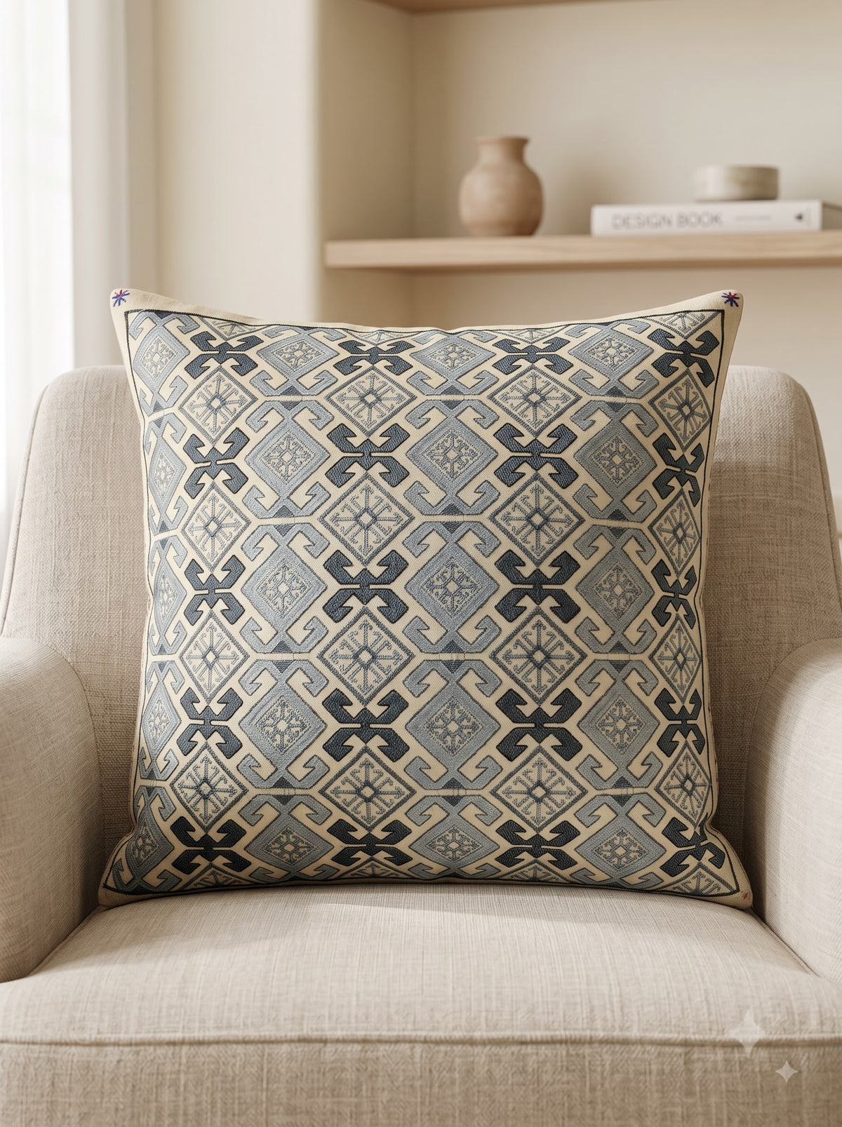Grey Cotton Geometric Embroidered Decorative Cushion Cover