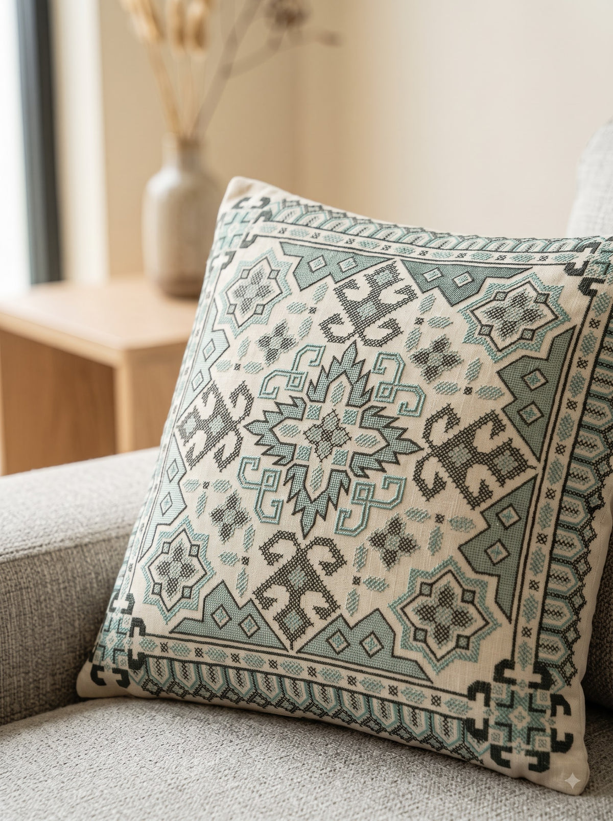 Sea Green Pure Cotton Tribal Geometric Embroidered Decorative Cushion Cover