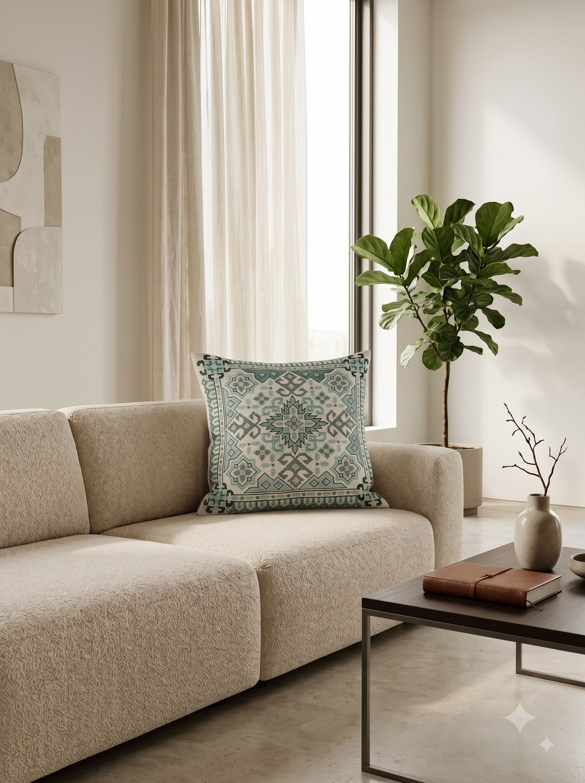 Sea Green Pure Cotton Tribal Geometric Embroidered Decorative Cushion Cover
