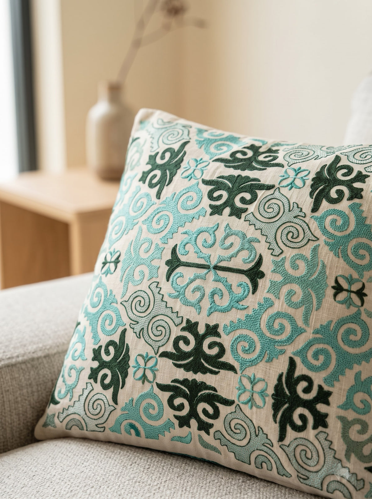 Multicolor Cotton Damask Medallion Embroidered Decorative Cushion Cover