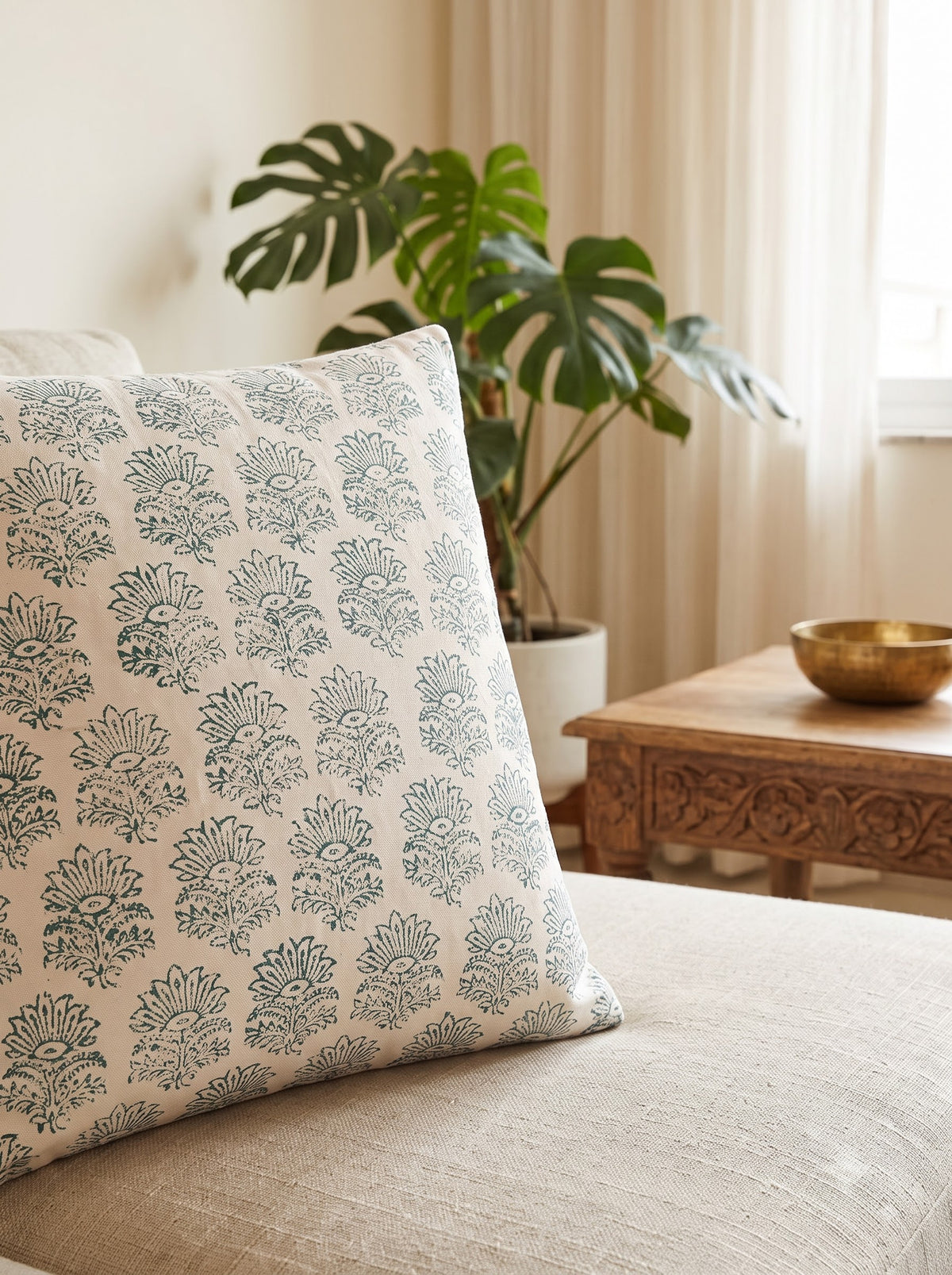 Green Ethnic Motifs Textured Cotton Square Cushion Cover