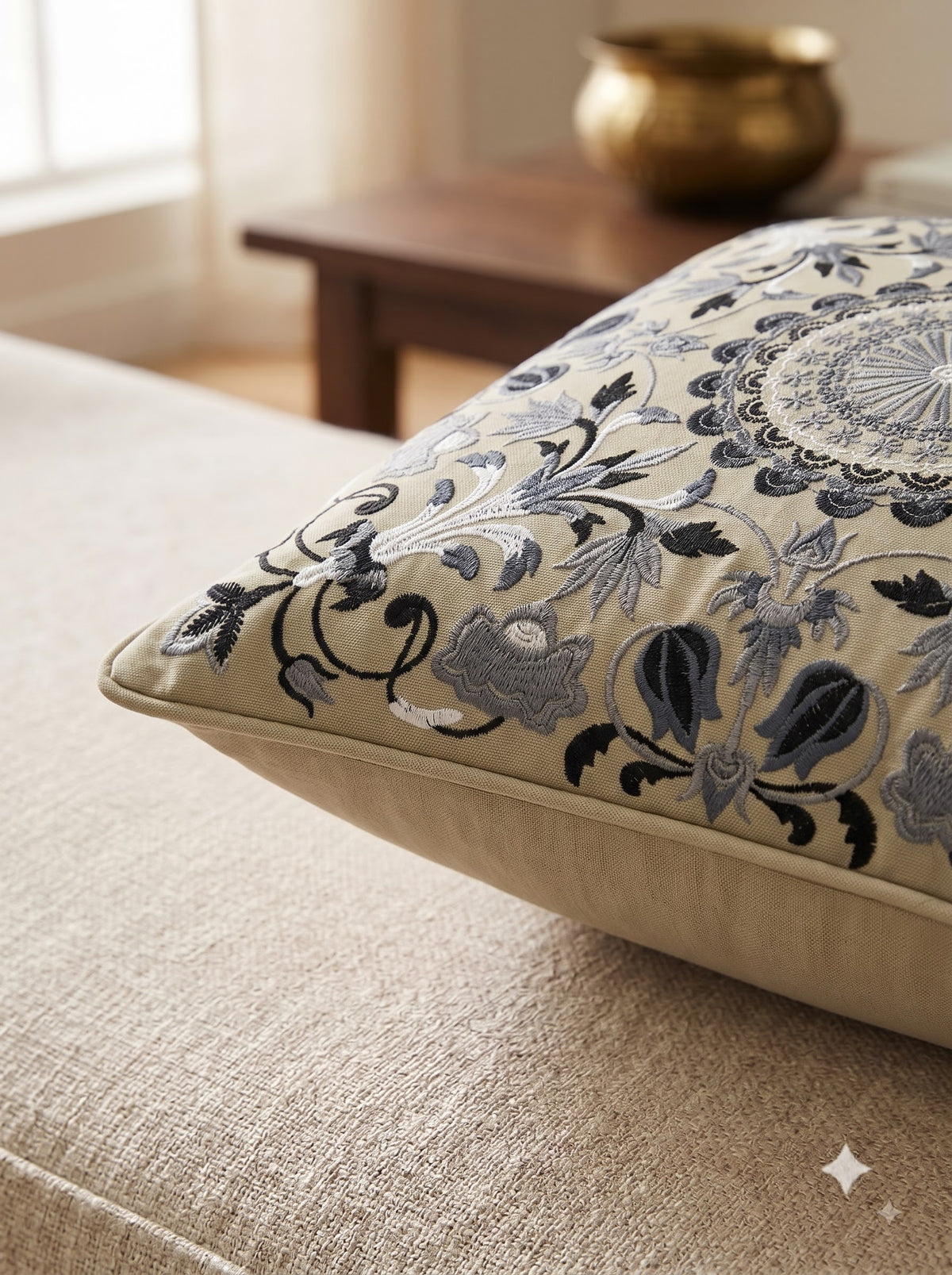 Grey Ethnic Motifs Embroidered Cotton Square Cushion Cover