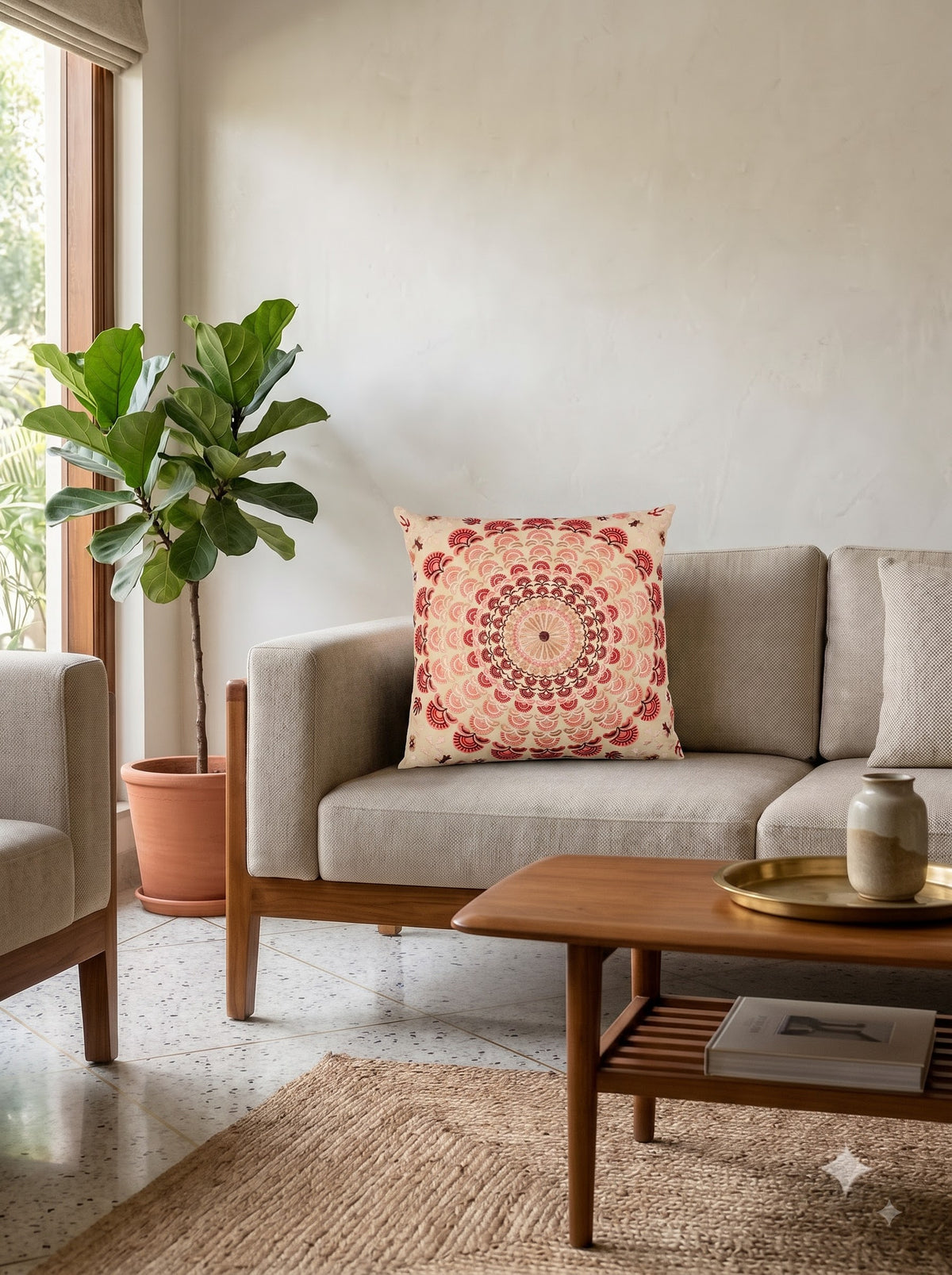 Pink Ethnic Motifs Embroidered Cotton Square Cushion Cover
