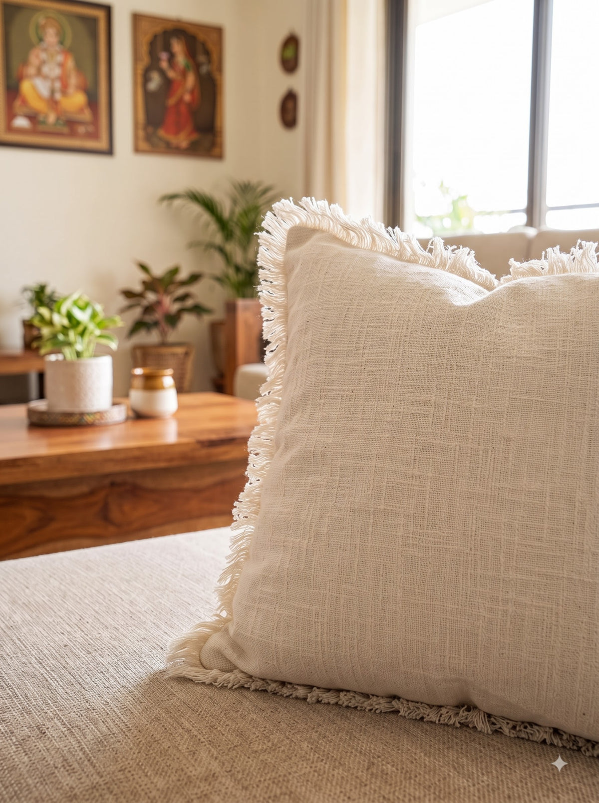 Off-White Textured Cotton Cushion Cover With Fringed Trim Edges