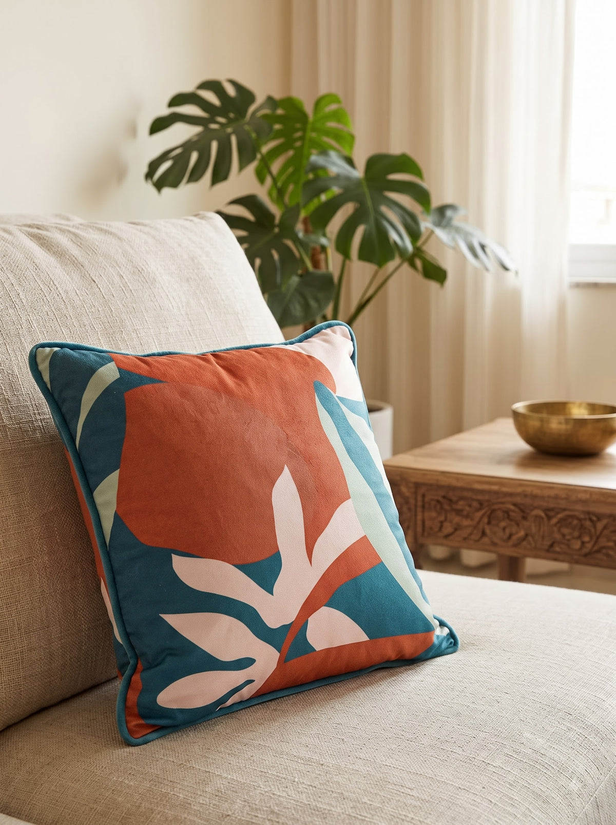 Blue Floral Textured Velvet Square Cushion Cover for Elegant Home Decor