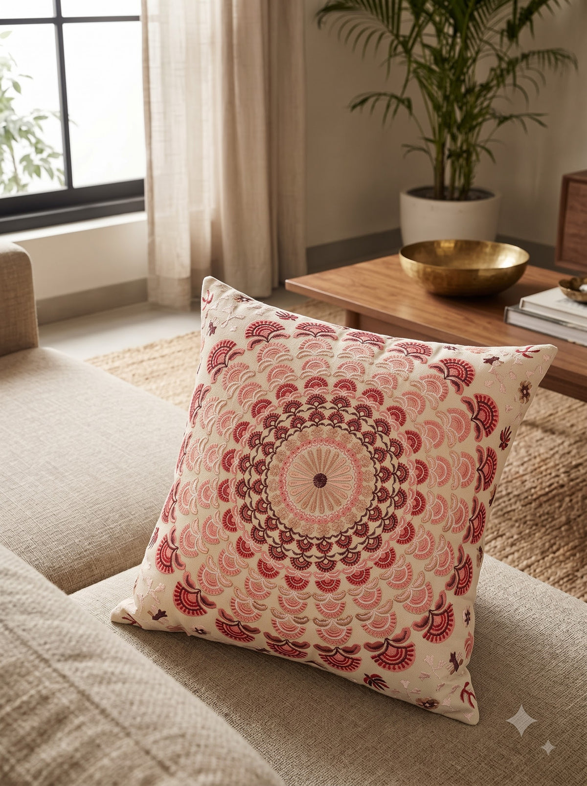 Pink Ethnic Motifs Embroidered Cotton Square Cushion Cover