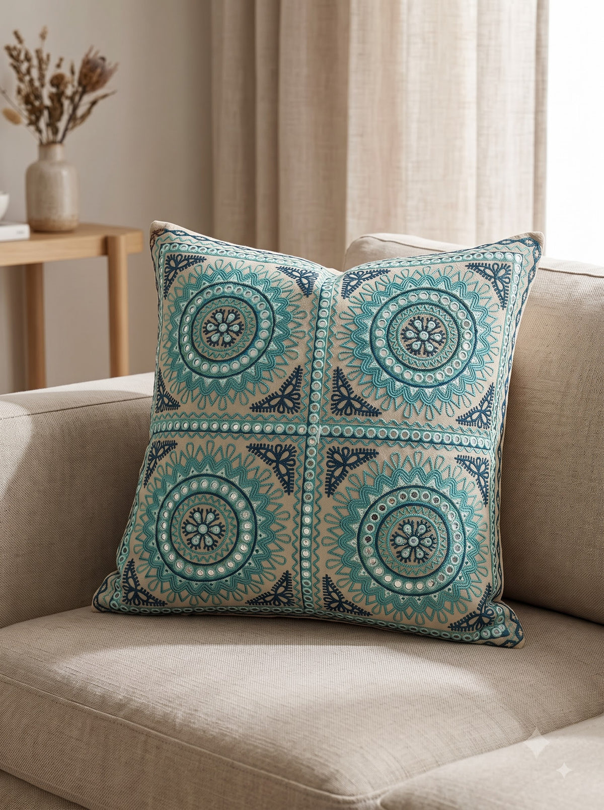 Blue Cotton Mandala Tile Mirror Work Embroidered Decorative Cushion Cover