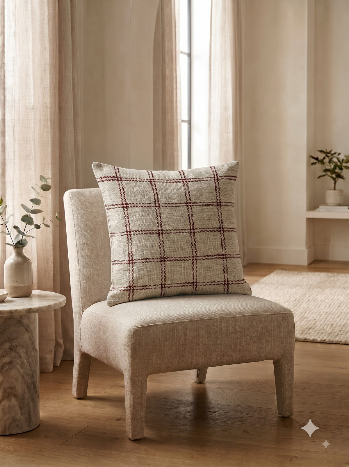 Off White Cotton Plaid Grid Embroidered Decorative Cushion Cover