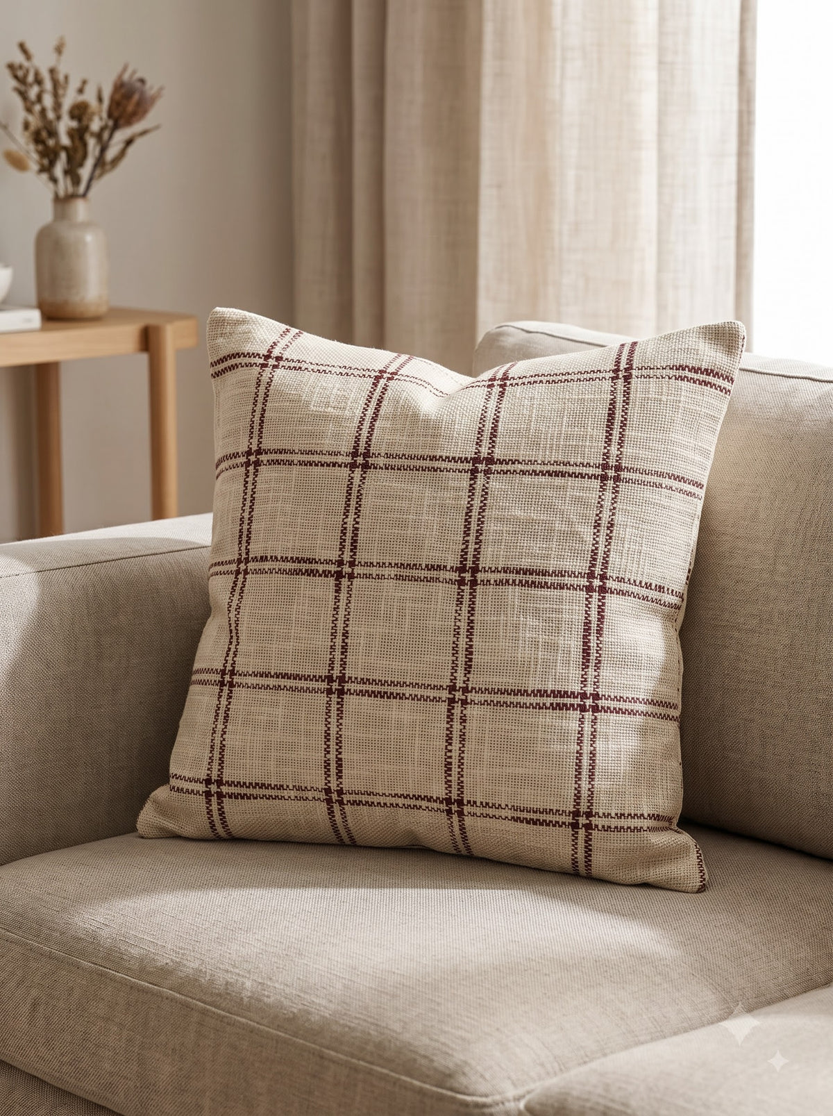 Off White Cotton Plaid Grid Embroidered Decorative Cushion Cover