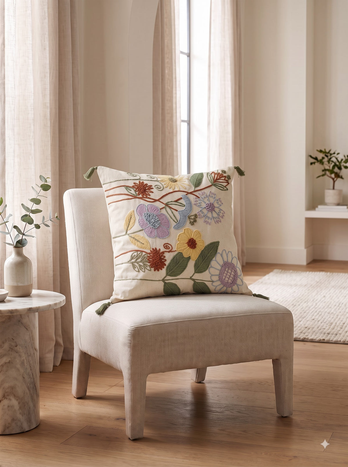 Beige Cotton Embroidered Wildflower Botanical Cushion Cover With Corner Tassels