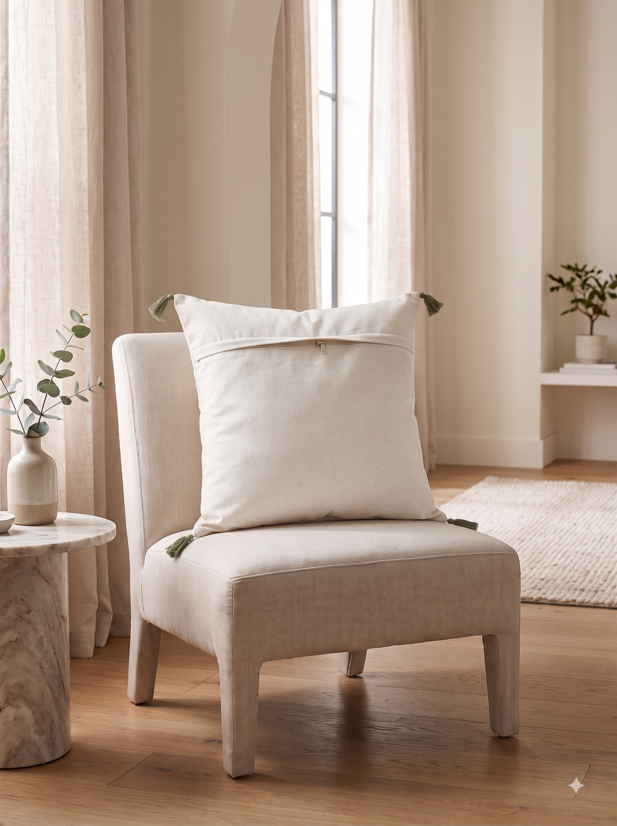 Beige Cotton Embroidered Wildflower Botanical Cushion Cover With Corner Tassels