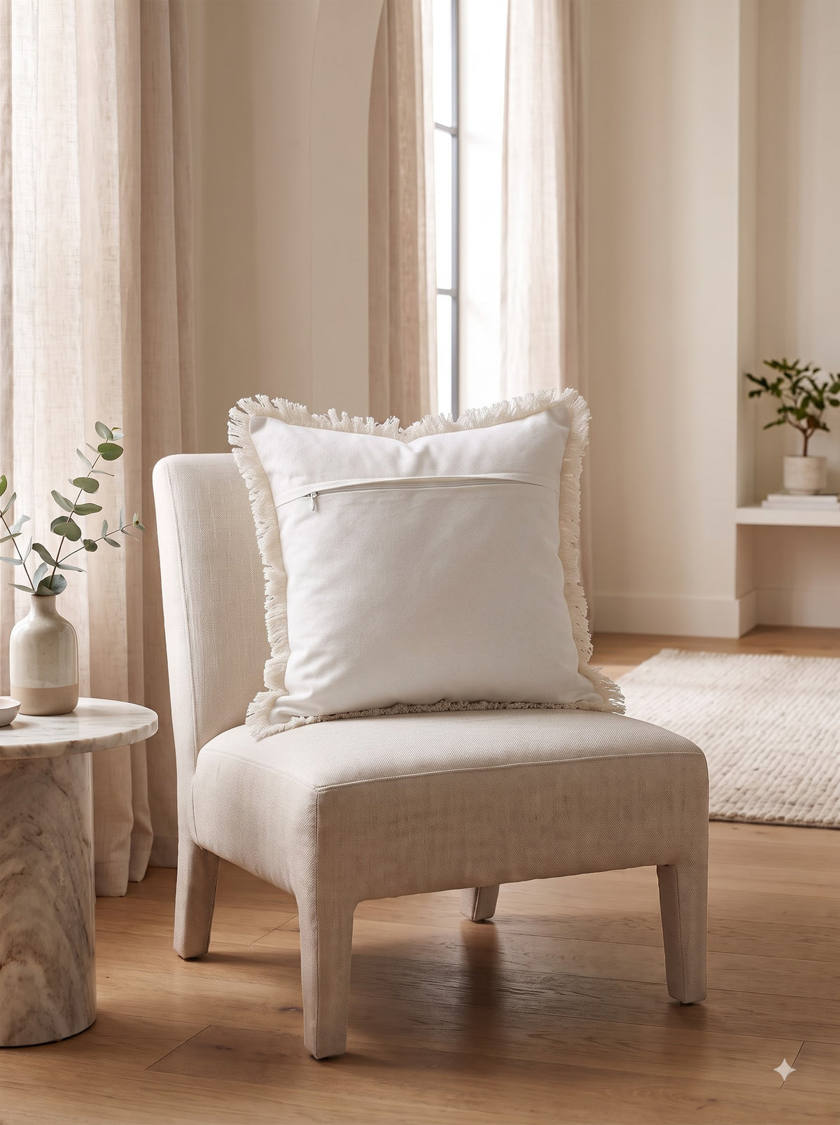 Off-White Textured Cotton Cushion Cover With Fringed Trim Edges