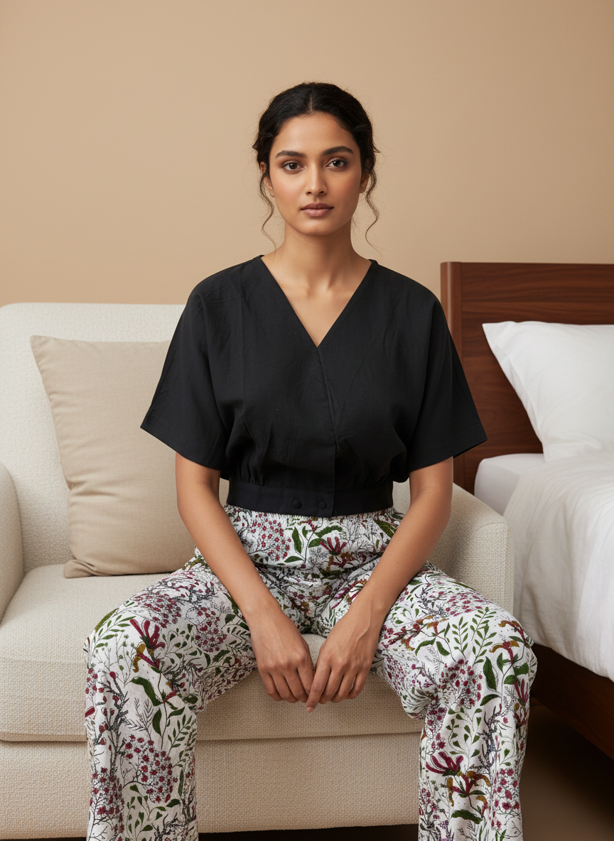 Black Solid V-Neck Pure Cotton Night Suit Set for Women