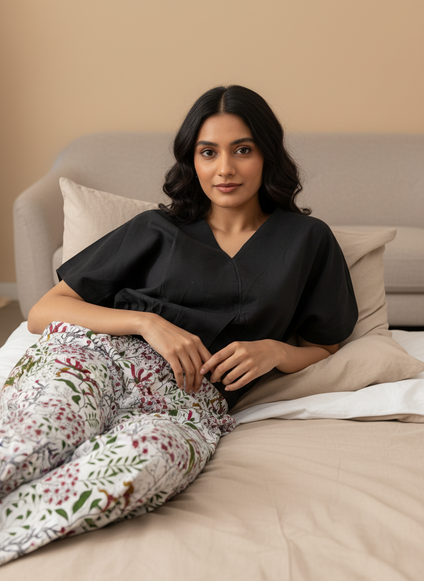 Black Solid V-Neck Pure Cotton Night Suit Set for Women