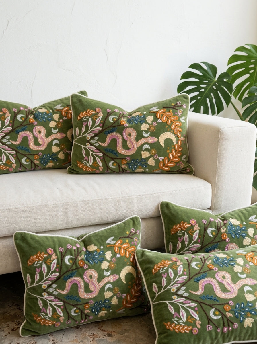 Olive Velvet Square Nature-Inspired Embroidered Cushion Cover