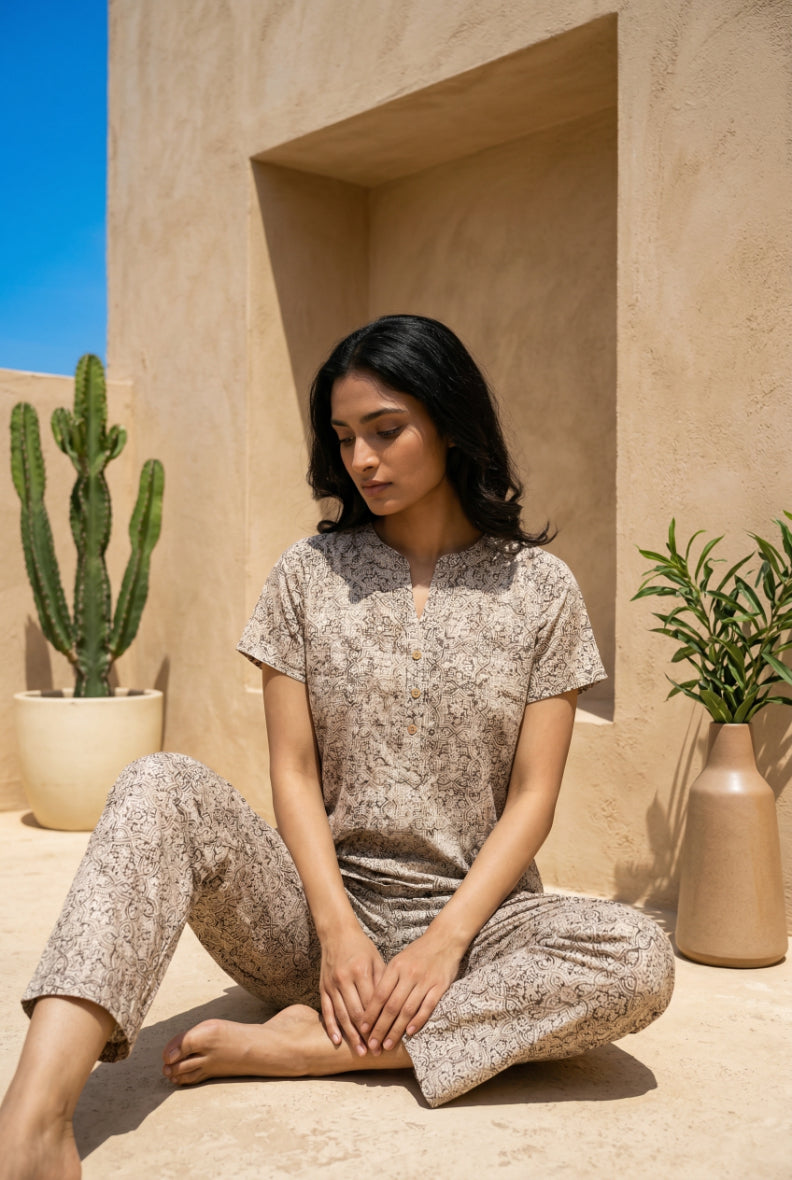 Beige Round Neck Geometric Print Pure Cotton Night Suit For Women