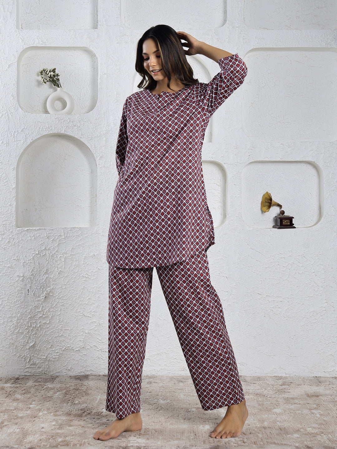 Black Mandarin Neck Ethnic Motifs Print Pure Cotton Night Suit For Women