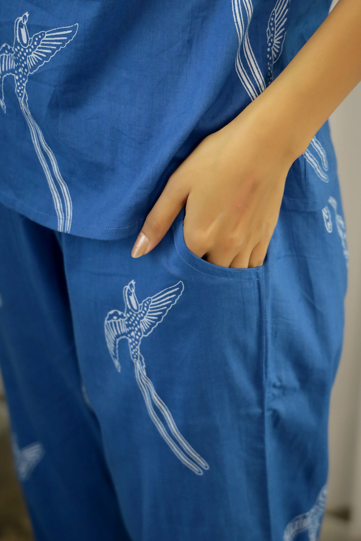 Blue Conversational Eagle Print Pure Cotton Night Suit Set For Women