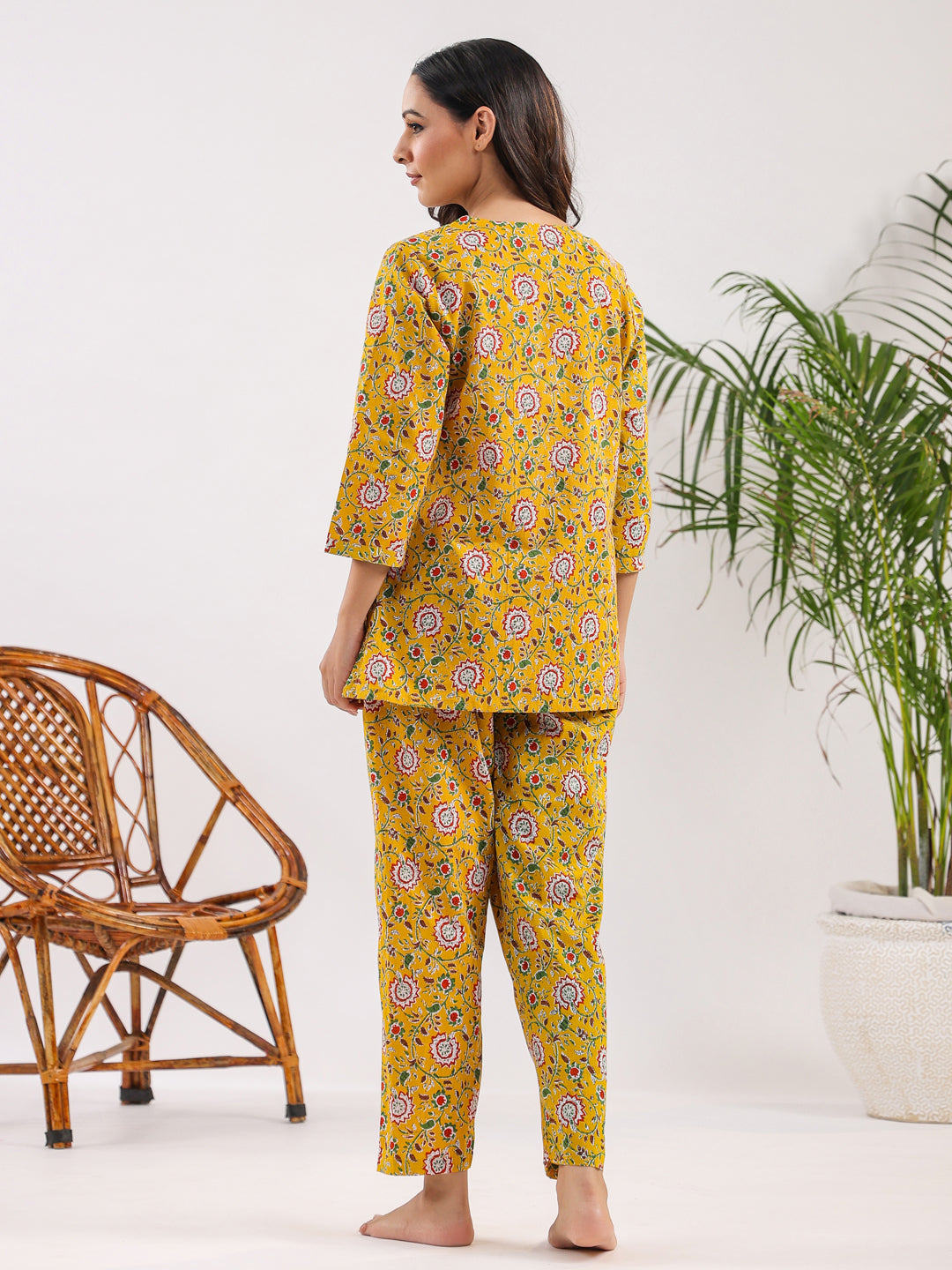 Yellow Acanthus Print Cotton Night Suit