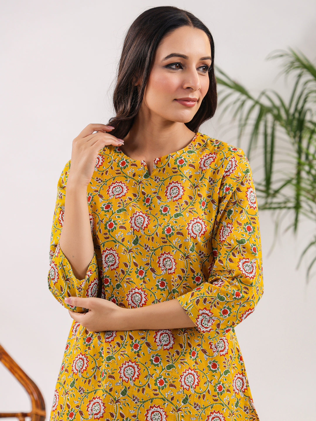 Yellow Acanthus Print Cotton Night Suit