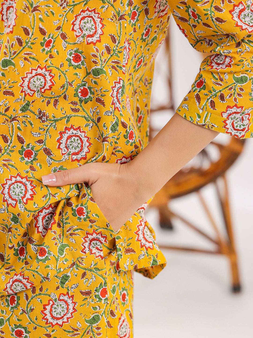 Yellow Acanthus Print Cotton Night Suit